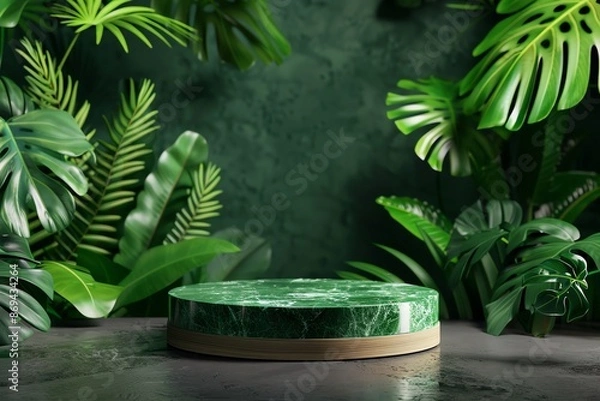 Obraz 3D rendering of a green podium with wood and plants on a dark background. Mockup for a product presentation. Green marble texture, circular shape in the style of circle shape.