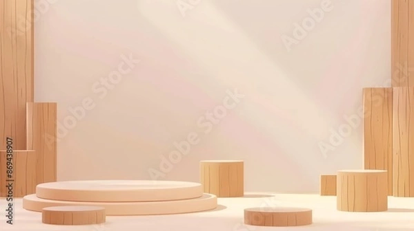 Fototapeta An empty circle and square platform with a brown wood plank and white base shown on a transparent background. This is a modern realistic illustration of wooden podiums and platforms.