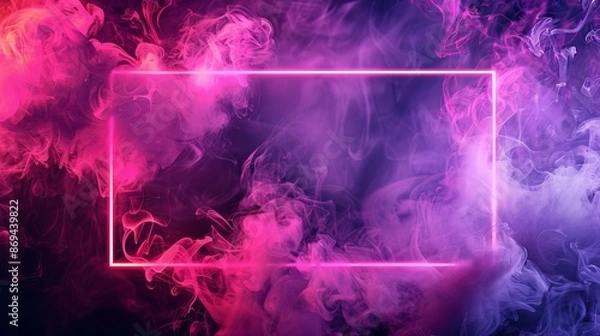 Obraz Modern neon neon door frame with fog and gradient leds. Very realistic modern illustration of a glowing red and purple gradient led rectangular portal with fog on black background. Laser vertical