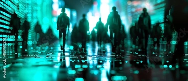 Obraz Abstract digital background with a crowd of people in dark silhouettes walking on a glowing futuristic city street in the style of cyberpunk concept.