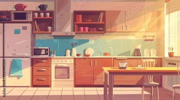 Fototapeta Kitchen interior design with furniture and tableware. Modern cartoon illustration of a morning cup of coffee on the table with brown drawers on the walls, a refrigerator, a microwave oven, and the