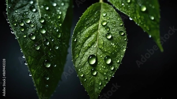 Obraz green macro leaf raindrops on fresh green leaves on a background 