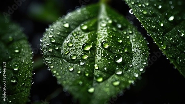 Obraz green macro leaf raindrops on fresh green leaves on a background 