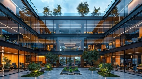 Fototapeta A large glass building with a courtyard in the middle