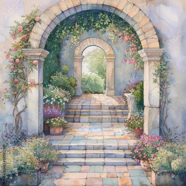 Fototapeta A painting of a garden with a stone archway leading to a courtyard. The archway is surrounded by flowers and plants, and there are several potted plants and vases throughout the scene