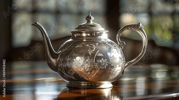 Fototapeta A silver teapot with intricate floral engravings, resting on a polished mahogany table. making it perfect for themes related to heritage, luxury, and the art of dining.