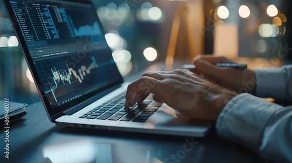 Obraz Close-up of a financial advisor conducting analysis on a laptop, wealth management, photorealistic details, modern office, precise lighting, focused expression, high resolution
