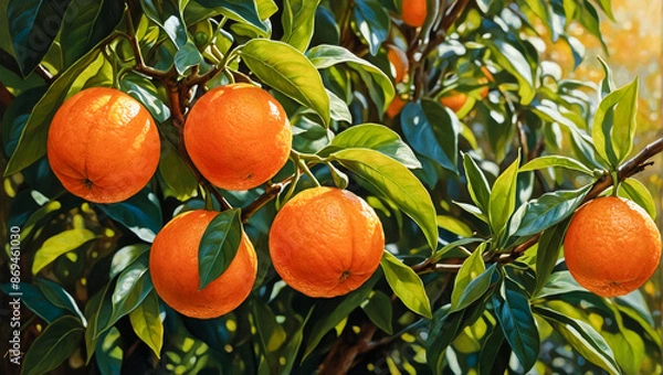 Fototapeta Ripe Oranges on a Tree Branch, showcasing agricultural abundance with colorful fruits in the backyard, ready for harvest under sunlight