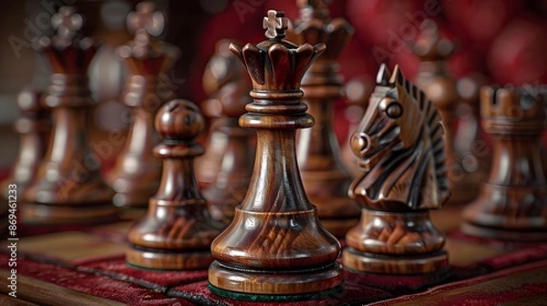Fototapeta An antique, hand-carved wooden chess set displayed on a rich, velvet cloth. ideal for illustrating themes of strategy, intellect, and timeless beauty.