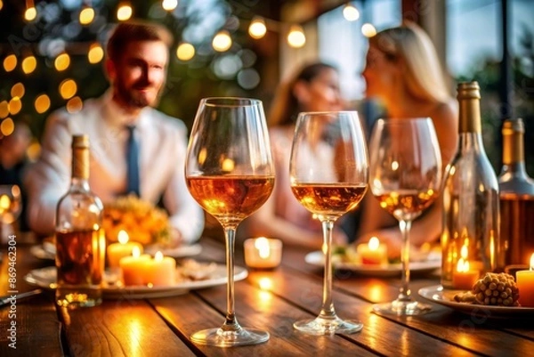 Fototapeta Elegant dinner with wine glasses, candles, and festive decorations, creating a cozy atmosphere.