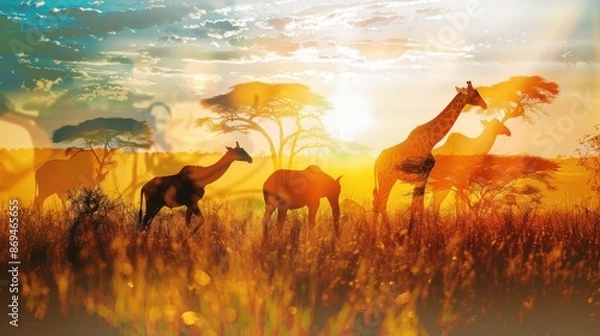 Fototapeta Scenic African savannah at sunset featuring giraffes and zebras grazing among tall grass with acacia trees in the background.