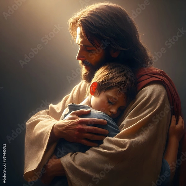 Fototapeta Jesus embracing a little boy – divine love, protection and innocence