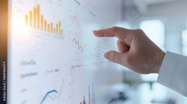Fototapeta Business professional analyzing financial data on a digital screen with graphs and charts, pointing at data for strategic decision-making.
