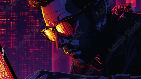 Fototapeta Hacker programmer software developer working on a laptop at night. Generative ai fictional character raster illustration. Pop art comic book style imitation. 