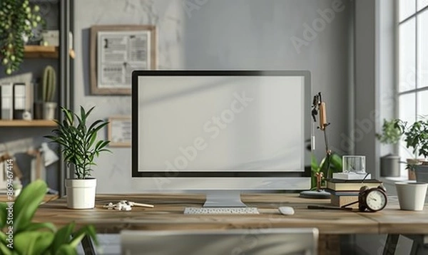 Obraz Elegant office with an empty frame on the desk