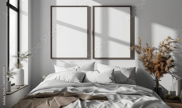 Fototapeta Modern bedroom with an empty frame on the wall