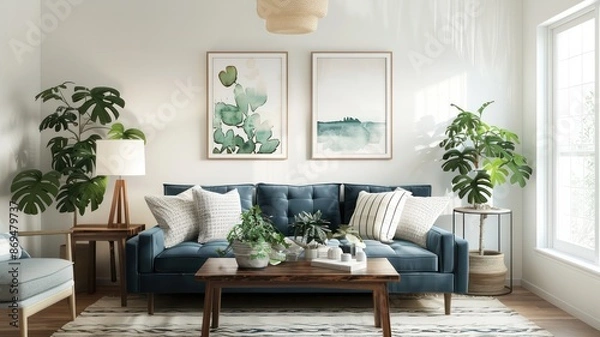 Fototapeta A living room with a blue couch, a coffee table, and a potted plant. The room has a modern and minimalist design, with a white wall and a blue couch