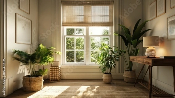 Fototapeta A room with a window and a desk. The room is very clean and has a lot of plants