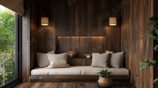 Fototapeta A cozy living room with a wooden wall and a window. The room has a couch and two pillows, and a potted plant. The mood of the room is warm and inviting