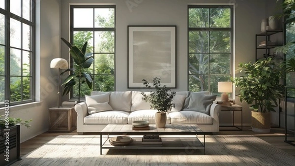 Fototapeta A living room with a white couch, a coffee table, and a potted plant. The room is bright and airy, with large windows letting in plenty of natural light