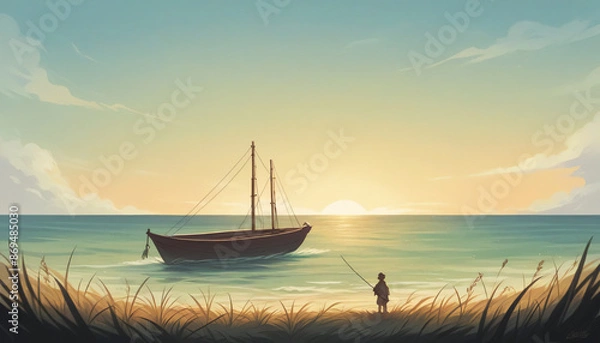 Fototapeta Witness the breathtaking beauty of a coastal sunrise where the horizon is ablaze with hues of pink, orange, and gold. Gentle waves lap against smooth, sandy shores while seagulls glide gracefully over