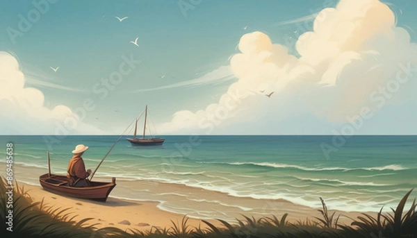 Fototapeta Witness the breathtaking beauty of a coastal sunrise where the horizon is ablaze with hues of pink, orange, and gold. Gentle waves lap against smooth, sandy shores while seagulls glide gracefully over
