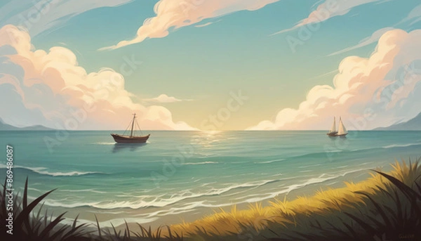 Fototapeta Witness the breathtaking beauty of a coastal sunrise where the horizon is ablaze with hues of pink, orange, and gold. Gentle waves lap against smooth, sandy shores while seagulls glide gracefully over