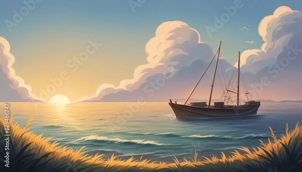 Fototapeta Witness the breathtaking beauty of a coastal sunrise where the horizon is ablaze with hues of pink, orange, and gold. Gentle waves lap against smooth, sandy shores while seagulls glide gracefully over