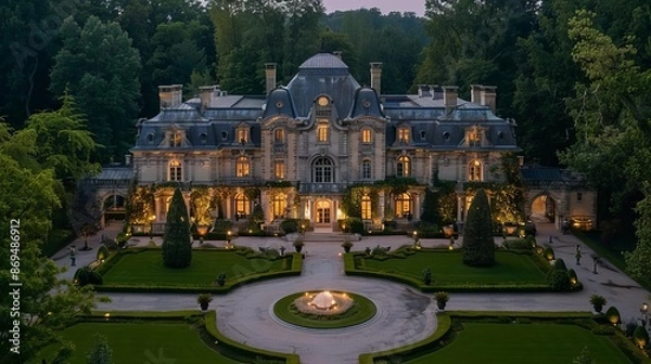 Fototapeta Aerial shot of an elegant French chateau with intricate stonework, manicured lawns, and circular driveway, twilight setting, editorial style, luxurious photography