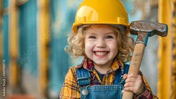 Fototapeta Child construction worker in a hard hat, smiling excitedly, holding a toy hammer, colorful background, editorial style, bright photo