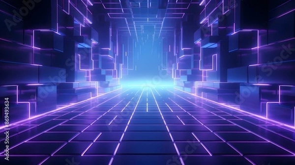 Fototapeta 3d rendering of purple and blue abstract geometric background. Scene for advertising, technology, showcase, banner, game, sport, cosmetic, business, metaverse. Sci-Fi Illustration. Product display