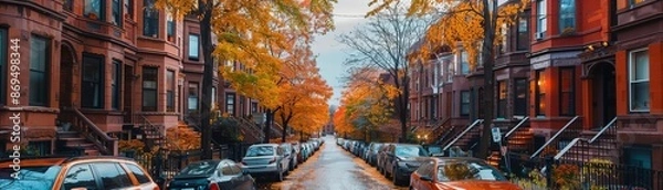 Obraz Elevated perspective of a historic brownstone with detailed brickwork, treelined street, and city backdrop, autumn, editorial style, nostalgic photo