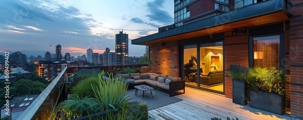 Fototapeta Elevated perspective of a modern urban apartment with balcony, rooftop garden, and skyline view, twilight, editorial style, chic photography