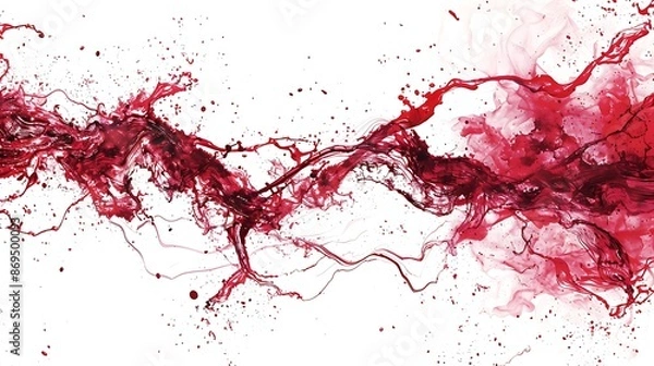 Fototapeta Ruby paint splashes overlapping and intertwining, creating a mesmerizing visual effect on white.