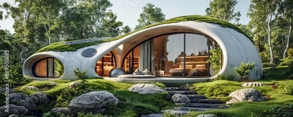 Fototapeta Highangle image of a futuristic dome house with ecofriendly design, solar panels, and green roof, sunny day, editorial style, innovative photo