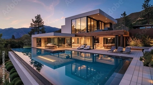 Fototapeta Highangle shot of a sleek contemporary home with geometric design, infinity pool, and deck, dusk lighting, editorial style, dramatic photo
