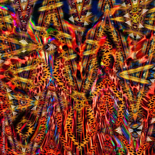 Fototapeta Combination textile collage pattern of wave and lines colored leopard snake tiger textures

