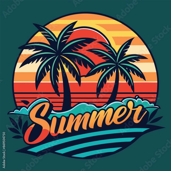 Fototapeta Summer camp vector banner template - Kids summmer camp vector illustration. Happy Summer Holidays with beach summer. Ai generate 