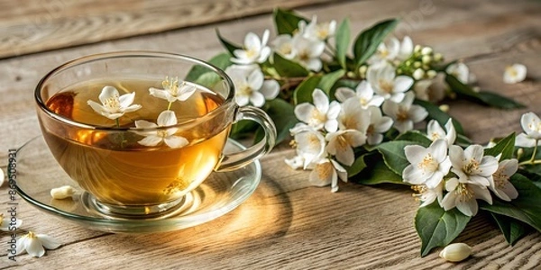 Obraz jasmine tea and jasmine flowers on wooden background.