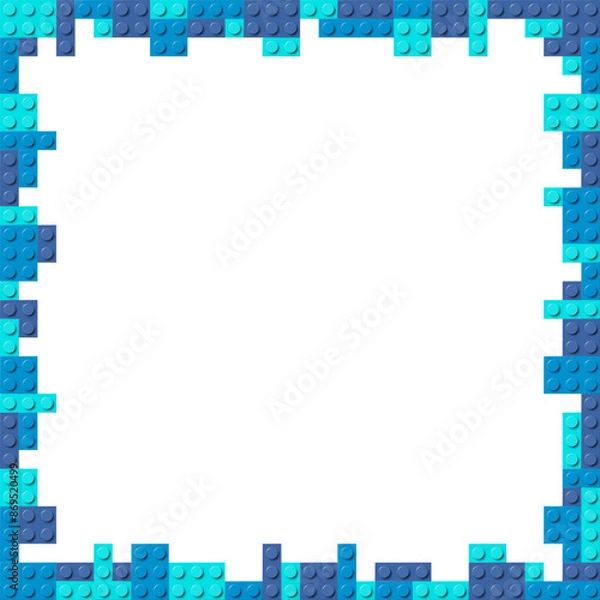 Fototapeta Blue frame composed of three shades of blue plastic toy blocks. Colorful brick banner isolated on a white background. Simple bricks template. Abstract vector background