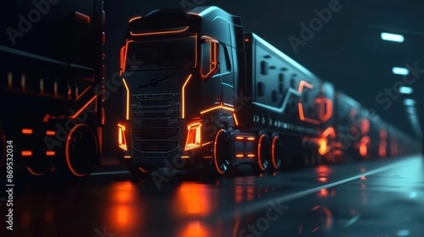 Fototapeta A futuristic shipping campaign banner highlighting an advanced fleet of selfdriving delivery trucks and integrated supply chain monitoring