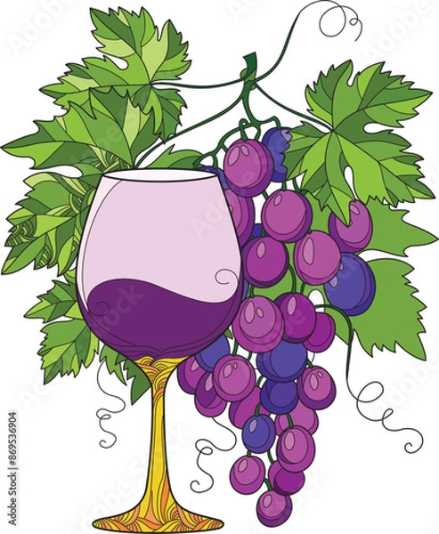 Obraz Grape Juice Vector Illustration. Drink Vector Illustration. Grape Juice With Leaves Vector. Detailed Graphic Juice Abstract Art.