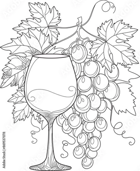 Obraz Grape Juice Outline Vector Illustration. Drink Outline Vector Illustration. Grape Juice Coloring Page. Grape Juice With Leaves Outline Vector.