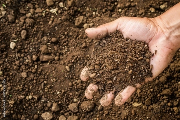 Obraz Scoop Of Soil. Handful of Rich Earth in Brown Color for Farming and Gardening
