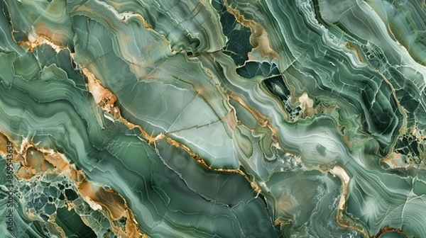 Obraz Polished slab of green onyx marble, These veins are accentuated by delicate gold and white accents, creating a luxurious and sophisticated aesthetic, The smooth, polished surface of the onyx.