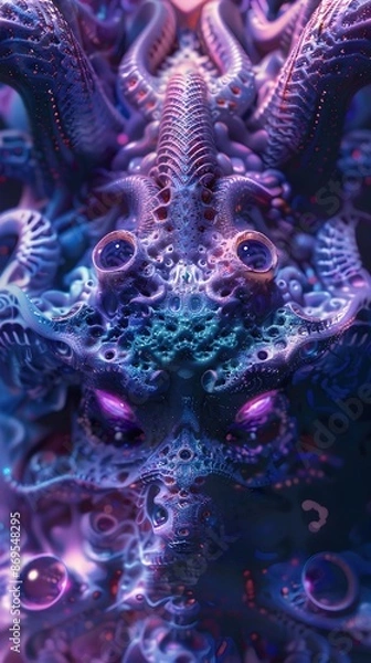 Fototapeta Enigmatic Extraterrestrial Entity with Undulating Tendrils and Hypnotic Refractive Cells in Vibrant Neon Palette
