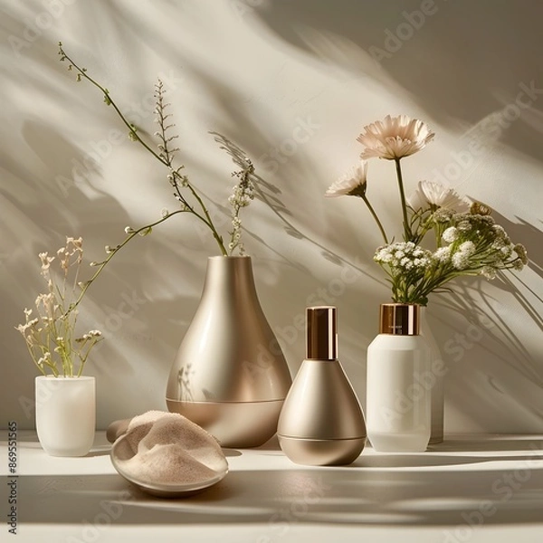 Obraz Elegant Minimalist Cosmetic Arrangement with Botanical Accents