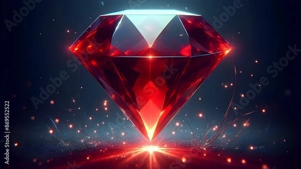 Fototapeta shiny bright big transparent red diamond gemstone in an abstract dark background	
