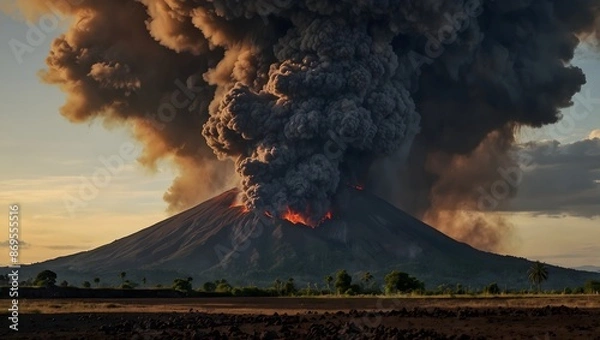 Fototapeta The eruption of a dormant volcano through the eyes of a local villager ai_generated
