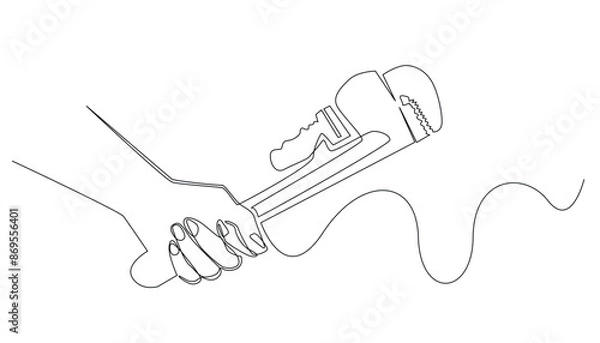 Fototapeta continuous line drawing of pipe repair.vector one line hand holding wrench.single line pipe repairman.isolated white background